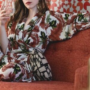 Jennafer Grace brown and green tropical print wrap kimono tunic